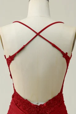 Cintas de Espaguete Vermelho Escuro Vestido Curto Com Apliques