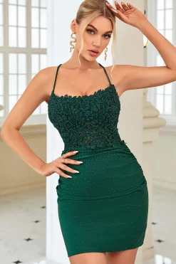 Cintas de Espaguete Vermelho Escuro Vestido Curto Com Apliques