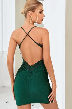 Cintas de Espaguete Vermelho Escuro Vestido Curto Com Apliques