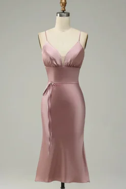 Cintas de Espaguete Vestido de Festa Rosa