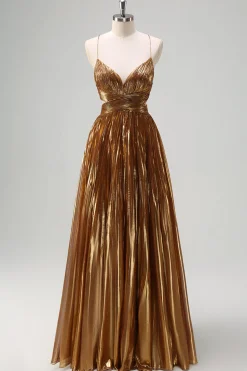 Cintas de Esparguete Sparkly Golden A-Line Cut out Ruched Metallic Long Prom Dress