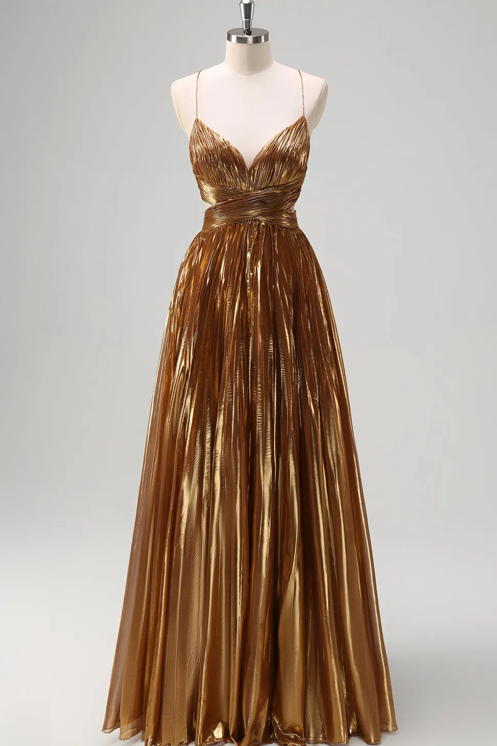 Cintas de Esparguete Sparkly Golden A-Line Cut out Ruched Metallic Long Prom Dress