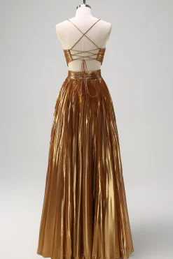 Cintas de Esparguete Sparkly Golden A-Line Cut out Ruched Metallic Long Prom Dress