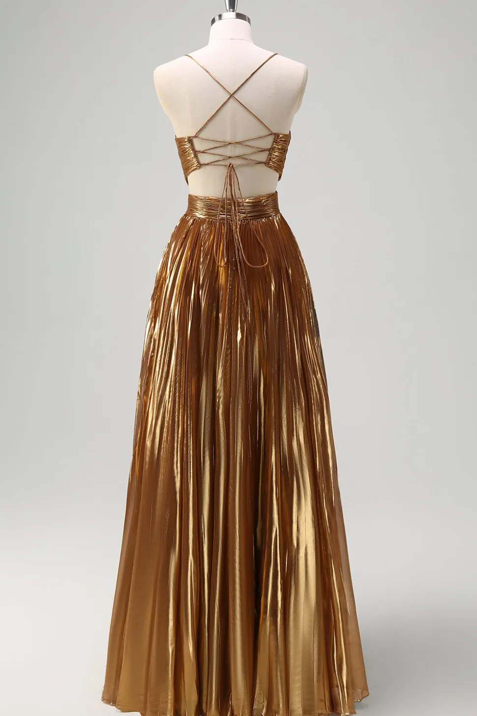 Cintas de Esparguete Sparkly Golden A-Line Cut out Ruched Metallic Long Prom Dress