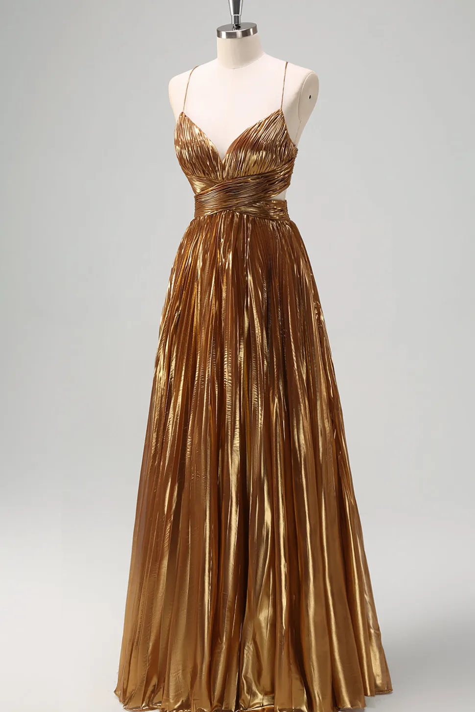 Cintas de Esparguete Sparkly Golden A-Line Cut out Ruched Metallic Long Prom Dress