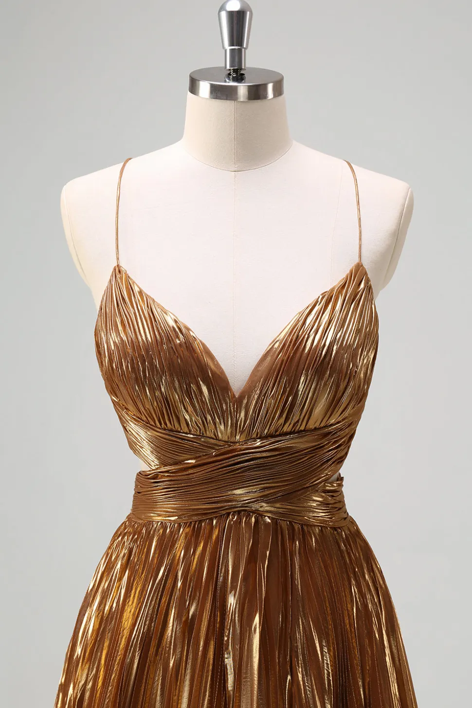Cintas de Esparguete Sparkly Golden A-Line Cut out Ruched Metallic Long Prom Dress