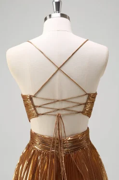 Cintas de Esparguete Sparkly Golden A-Line Cut out Ruched Metallic Long Prom Dress
