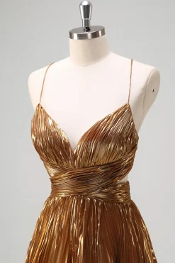 Cintas de Esparguete Sparkly Golden A-Line Cut out Ruched Metallic Long Prom Dress
