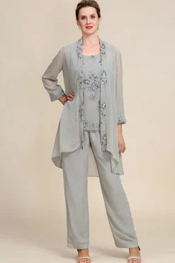 Cinza 3 Peças Pant Suits Mangas Compridas
