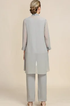 Cinza 3 Peças Pant Suits Mangas Compridas