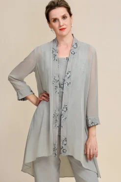 Cinza 3 Peças Pant Suits Mangas Compridas