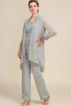 Cinza 3 Peças Pant Suits Mangas Compridas