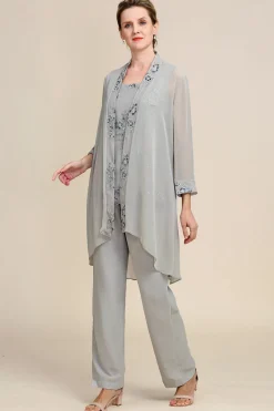 Cinza 3 Peças Pant Suits Mangas Compridas