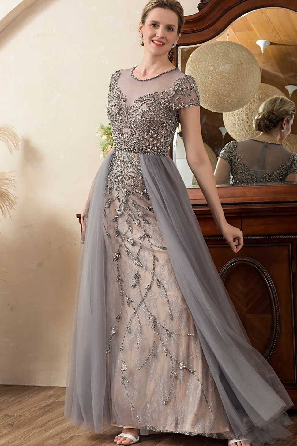 Cinza A Line Tule Vestido de Mãe de Noiva