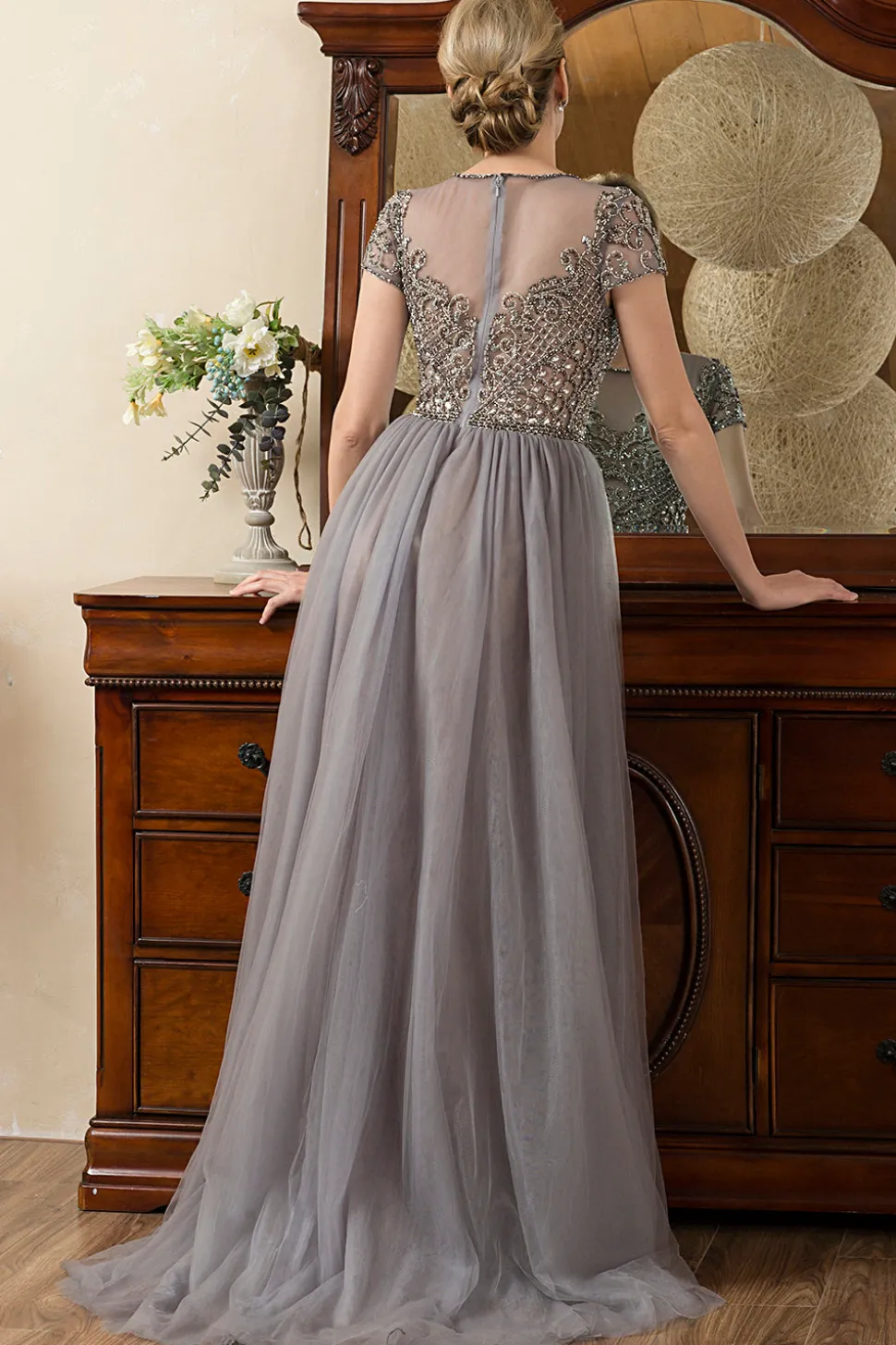 Cinza A Line Tule Vestido de Mãe de Noiva
