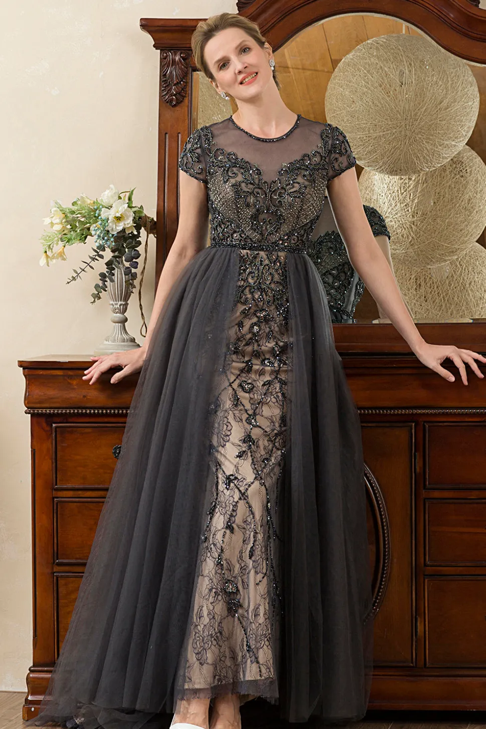 Cinza A Line Tule Vestido de Mãe de Noiva