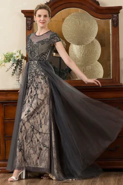 Cinza A Line Tule Vestido de Mãe de Noiva