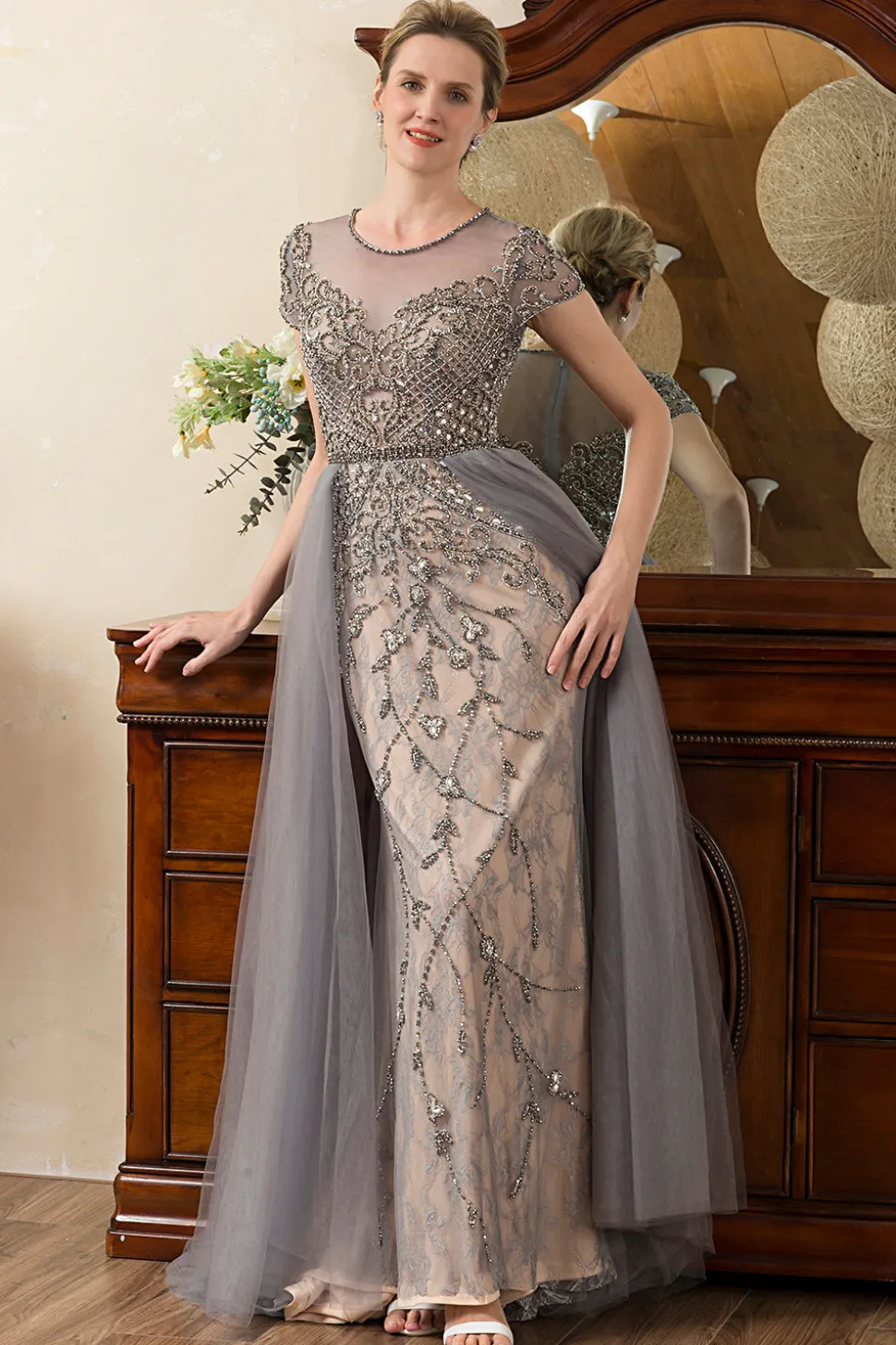 Cinza A Line Tule Vestido de Mãe de Noiva
