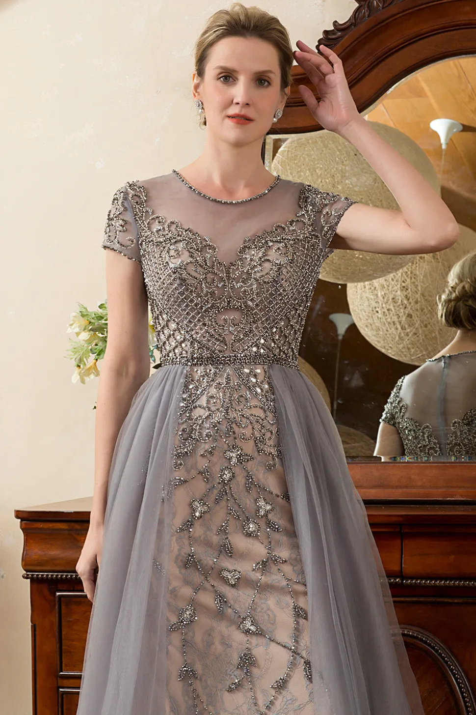 Cinza A Line Tule Vestido de Mãe de Noiva