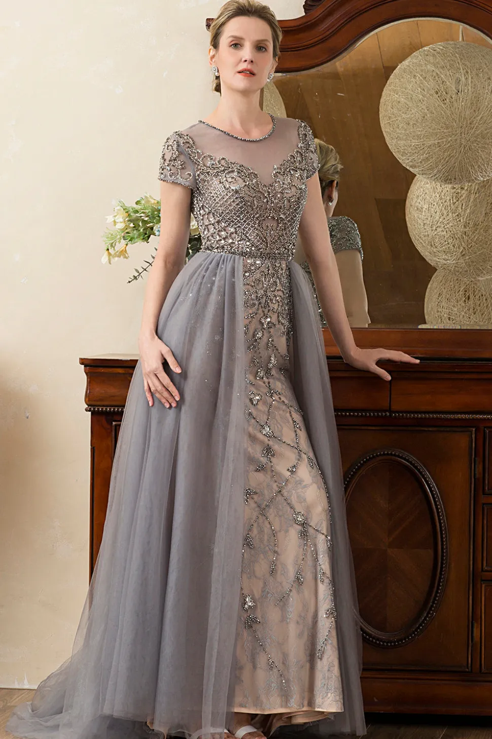 Cinza A Line Tule Vestido de Mãe de Noiva