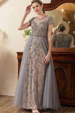 Cinza A Line Tule Vestido de Mãe de Noiva