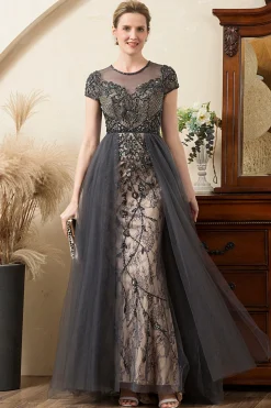 Cinza A Line Tule Vestido de Mãe de Noiva