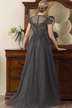 Cinza A Line Tule Vestido de Mãe de Noiva