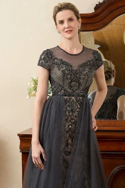 Cinza A Line Tule Vestido de Mãe de Noiva