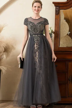 Cinza A Line Tule Vestido de Mãe de Noiva