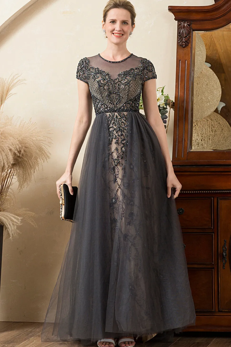 Cinza A Line Tule Vestido de Mãe de Noiva