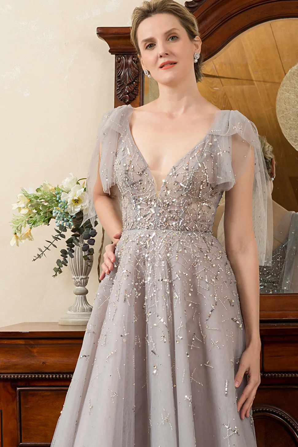 Cinza A Line Vestido Mãe de Noiva