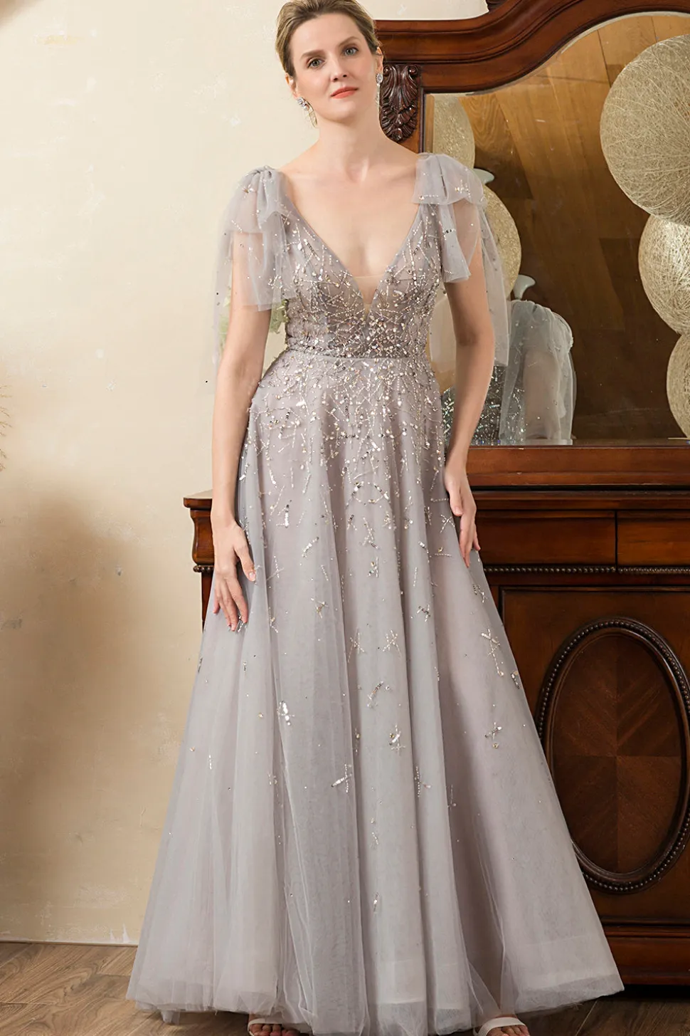 Cinza A Line Vestido Mãe de Noiva