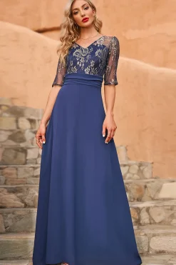 Cinza Azul 3/4 Mangas Mothe Of The Bride Dress