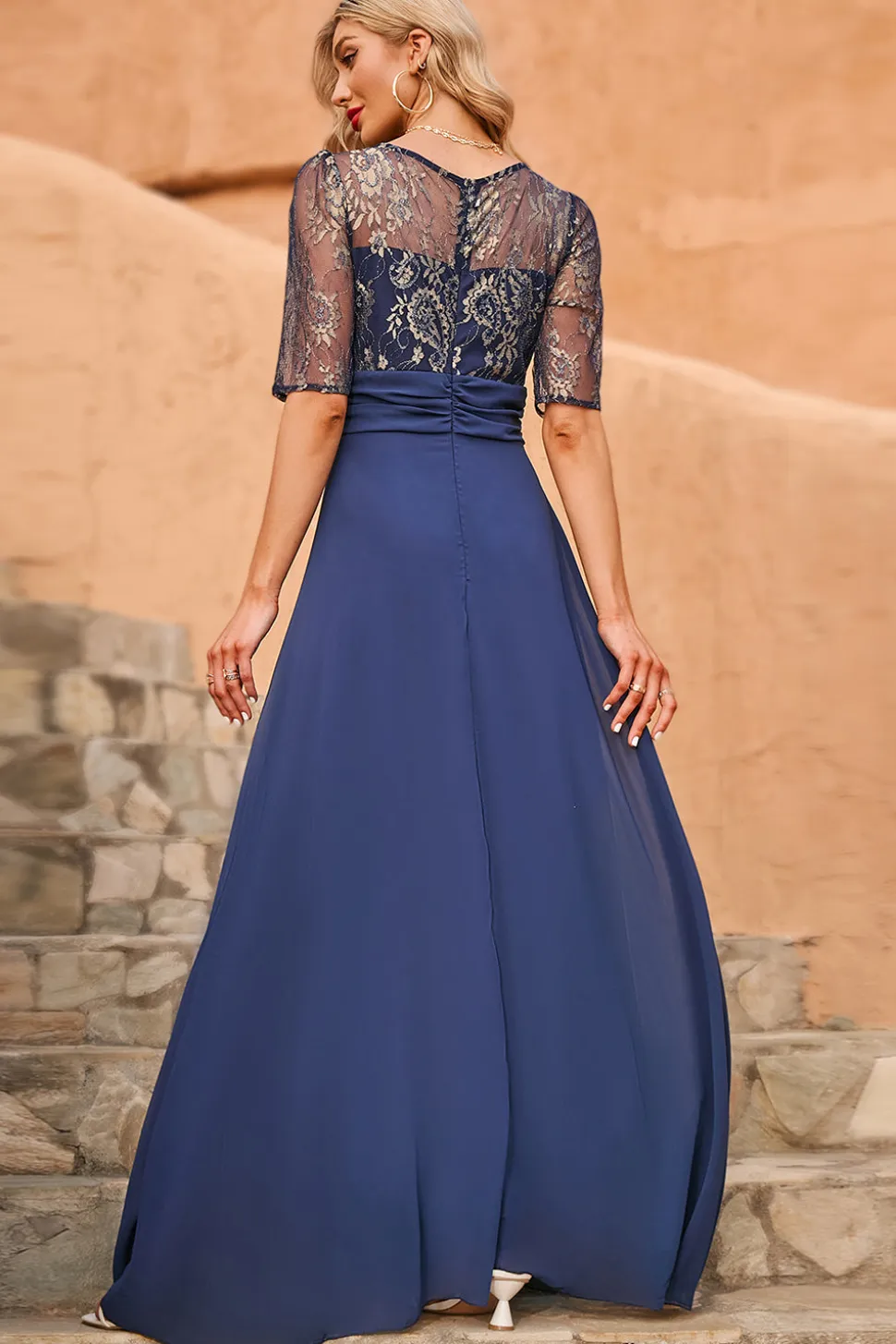 Cinza Azul 3/4 Mangas Mothe Of The Bride Dress
