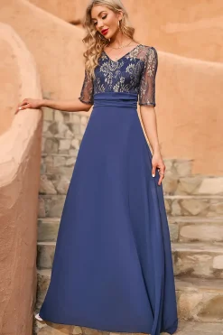 Cinza Azul 3/4 Mangas Mothe Of The Bride Dress