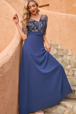 Cinza Azul 3/4 Mangas Mothe Of The Bride Dress