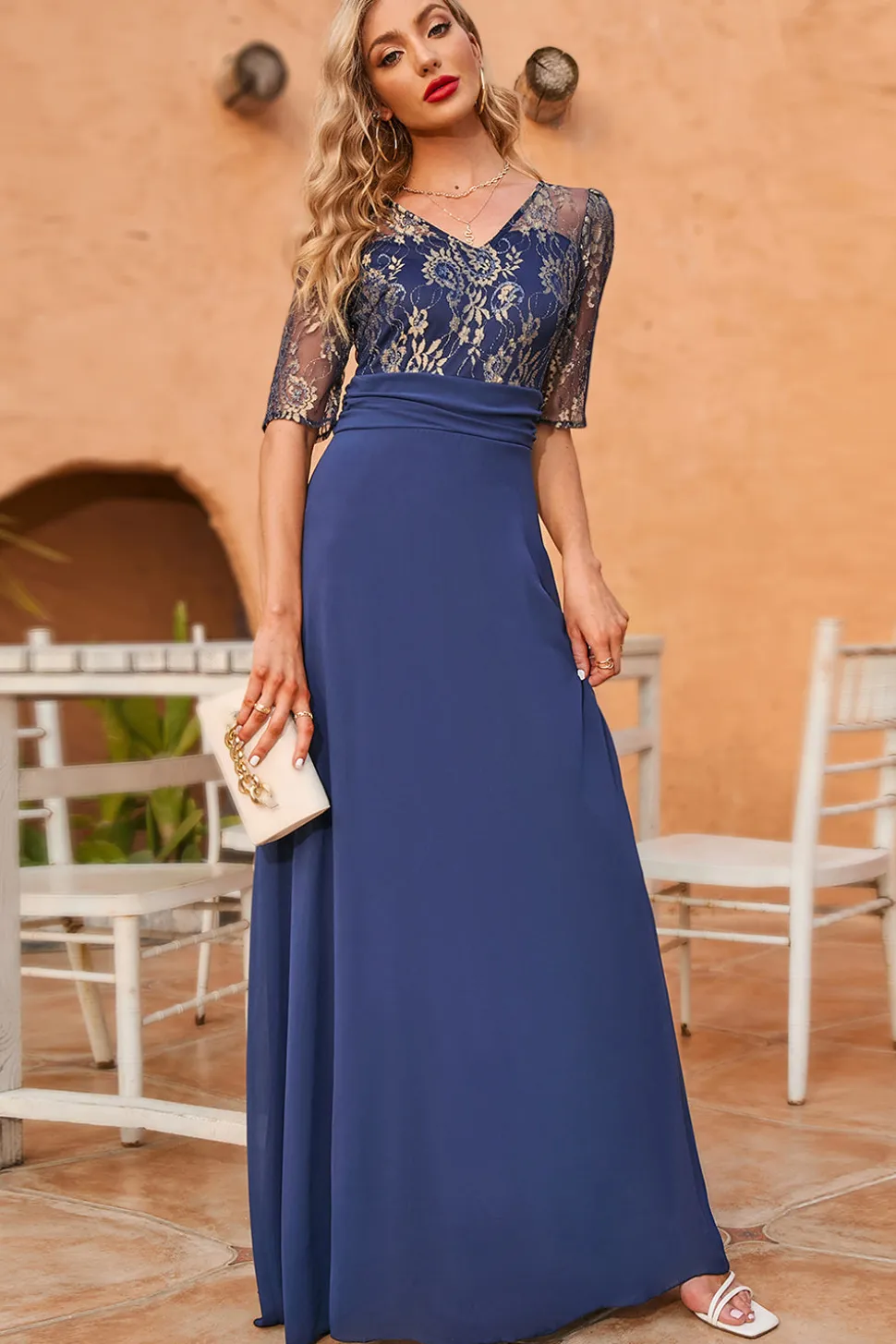Cinza Azul 3/4 Mangas Mothe Of The Bride Dress