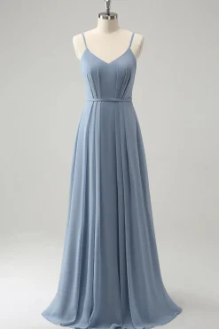 Cinza Azul Chiffon Corset Uma Linha Esparguete Correias Plissado Longo Vestido Madrinha