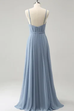 Cinza Azul Chiffon Corset Uma Linha Esparguete Correias Plissado Longo Vestido Madrinha