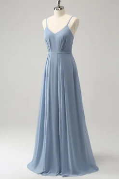 Cinza Azul Chiffon Corset Uma Linha Esparguete Correias Plissado Longo Vestido Madrinha