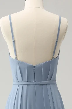 Cinza Azul Chiffon Corset Uma Linha Esparguete Correias Plissado Longo Vestido Madrinha