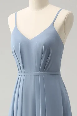 Cinza Azul Chiffon Corset Uma Linha Esparguete Correias Plissado Longo Vestido Madrinha