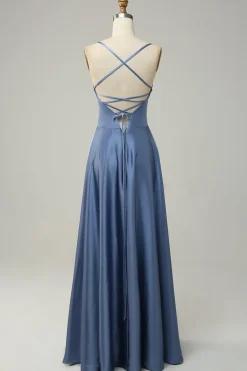 Cinza Azul Halter A Line Vestido de Dama de Honor