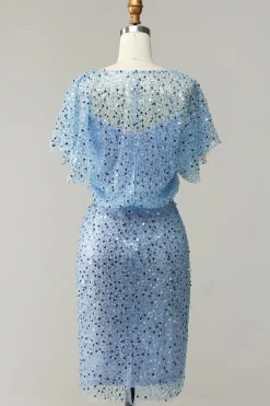 Cinza Azul Lantejoulas Vestido Cocktail