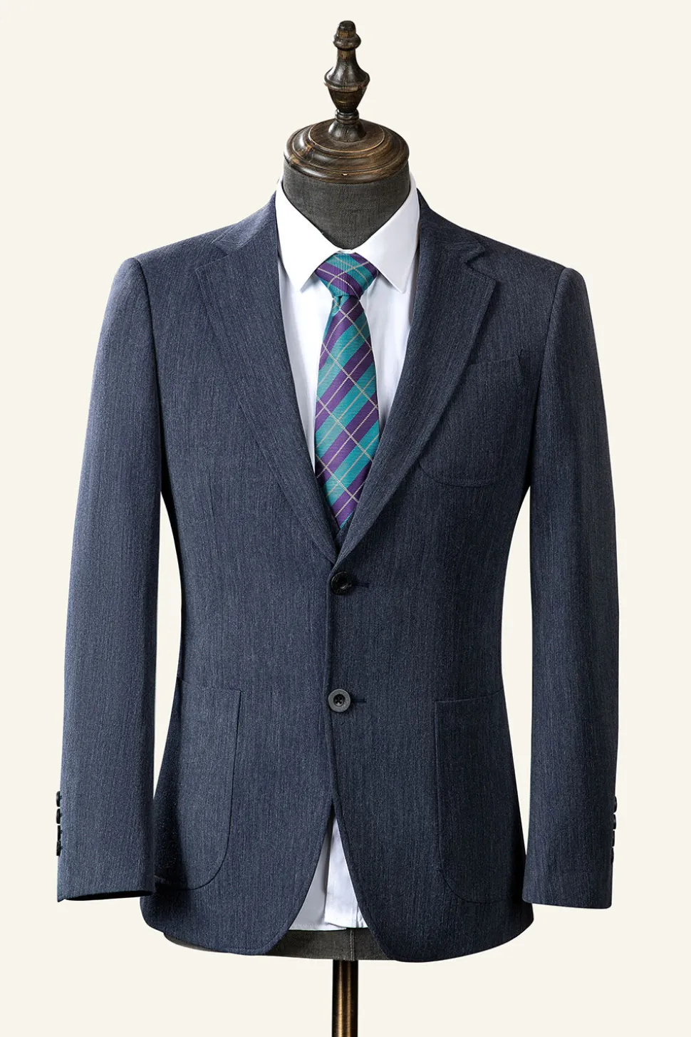 Cinza Azul Lapela Entalhada 3 Peças Terno Masculino