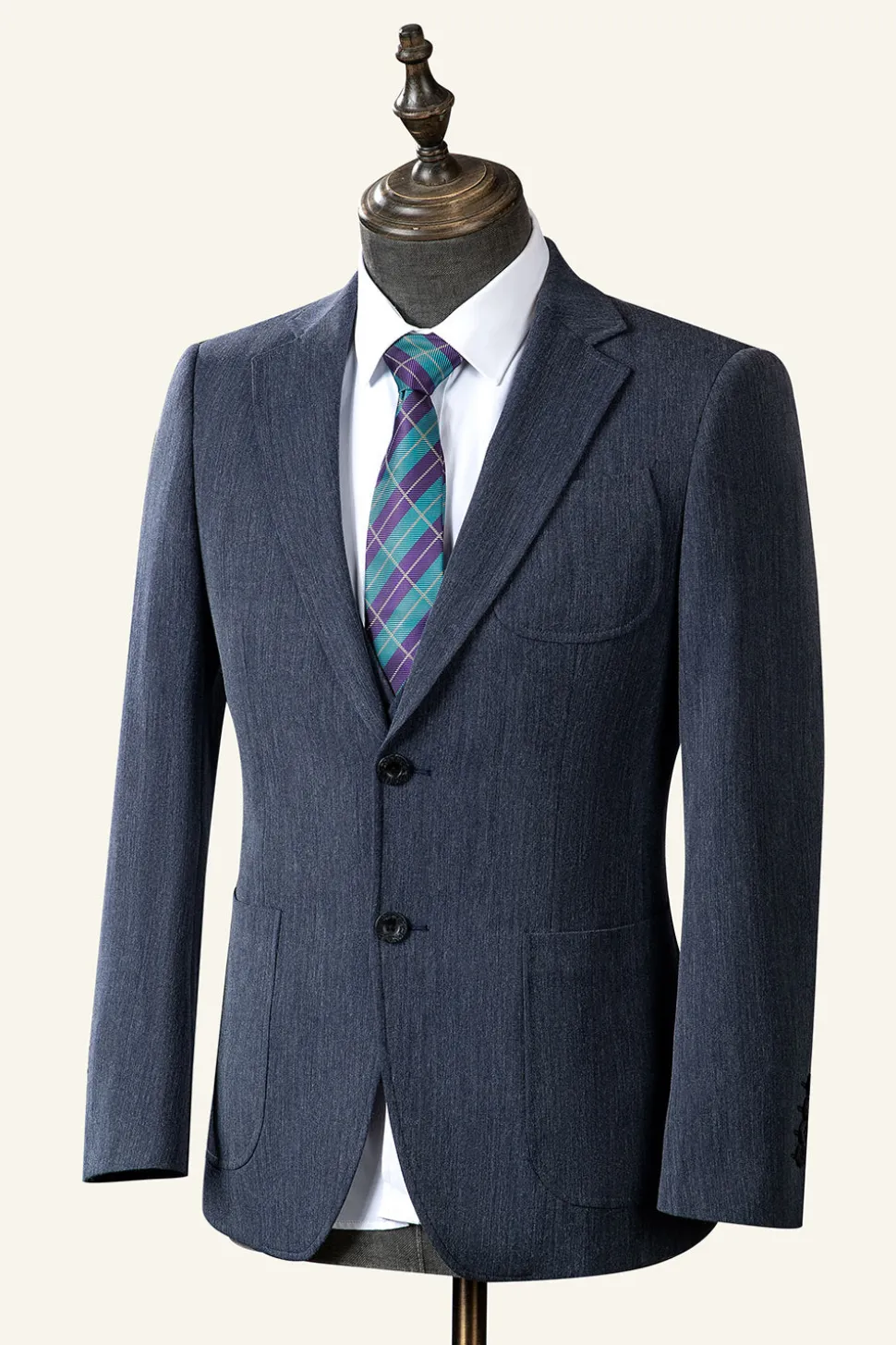 Cinza Azul Lapela Entalhada 3 Peças Terno Masculino