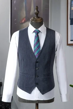 Cinza Azul Lapela Entalhada 3 Peças Terno Masculino