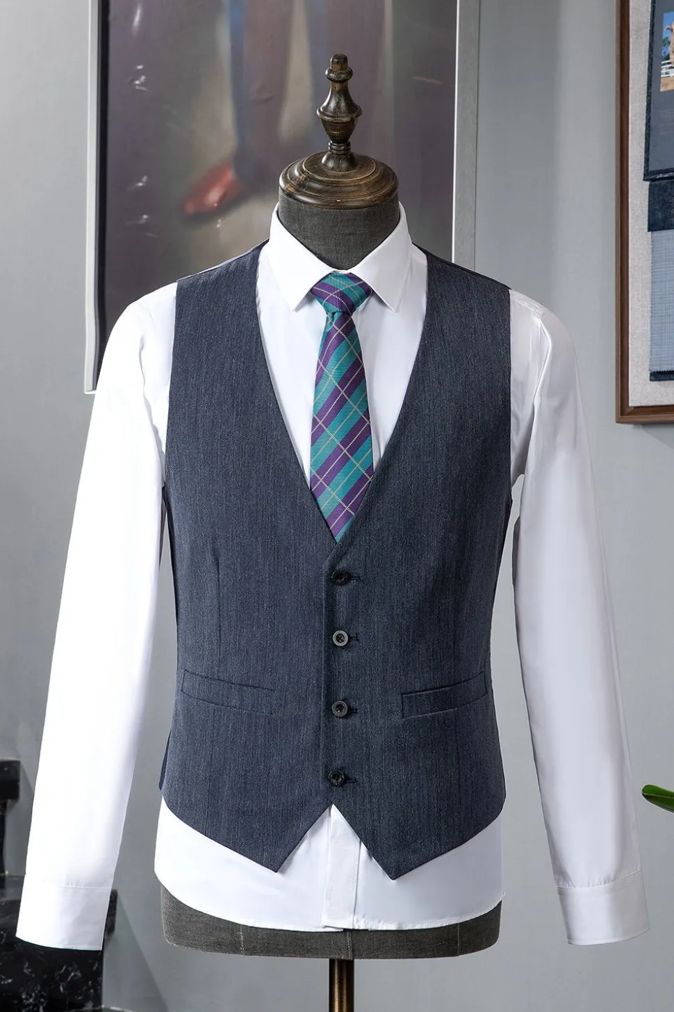 Cinza Azul Lapela Entalhada 3 Peças Terno Masculino