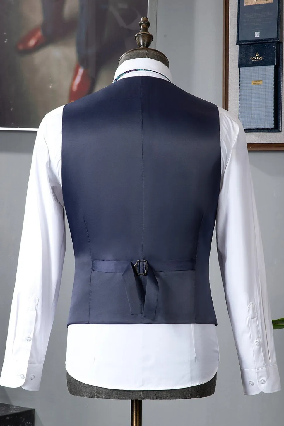 Cinza Azul Lapela Entalhada 3 Peças Terno Masculino