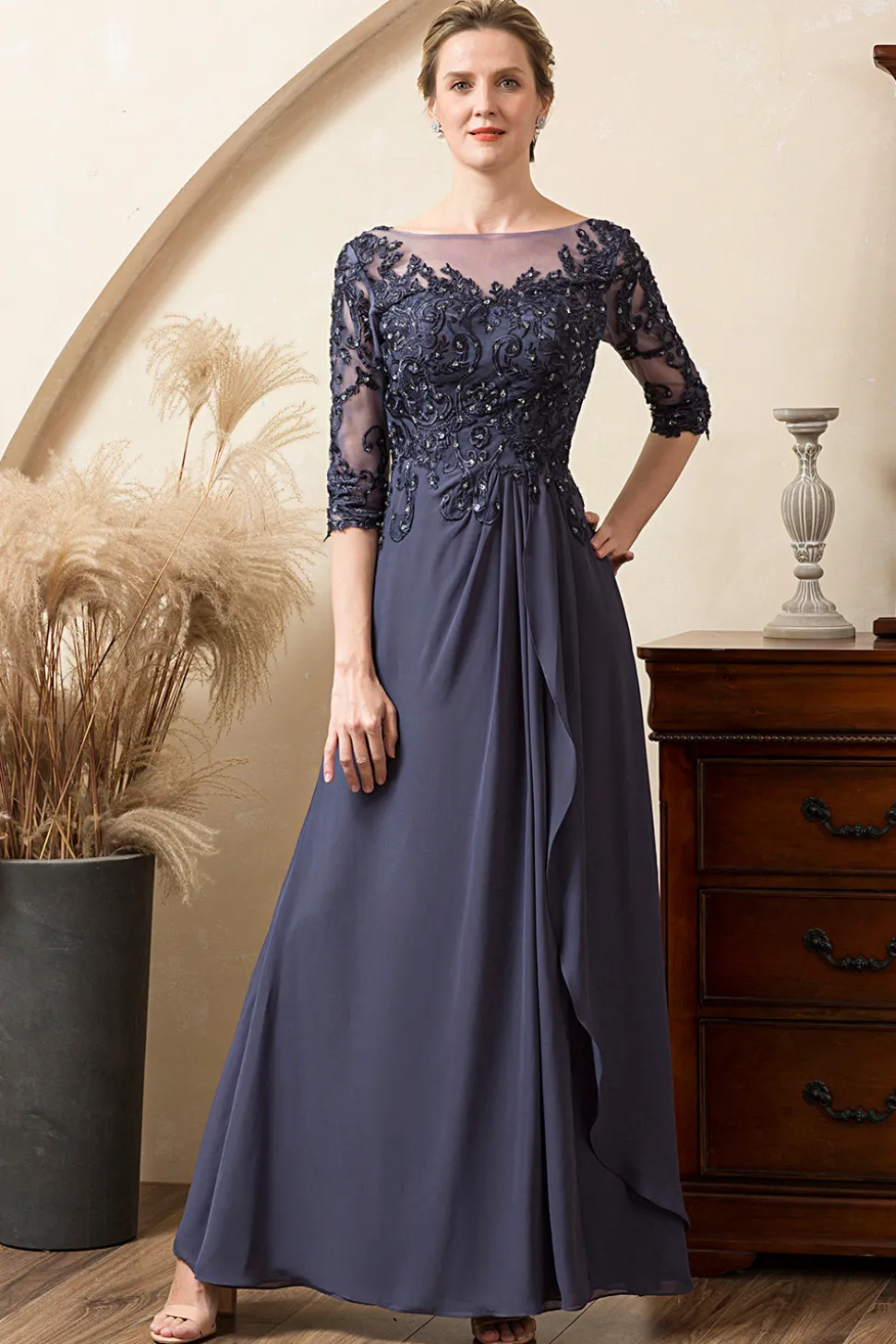 Cinza Azul Linha-A Meias Mangas Longos Vestido Mãe de Noiva com Renda